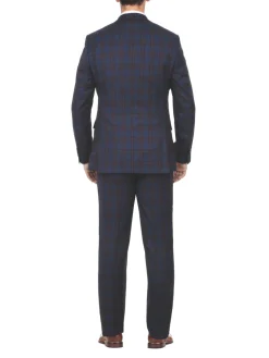 English Laundry Glen Plaid Blue & Rust Slim Fit Notch Lapel 2 Button Stretch Suit