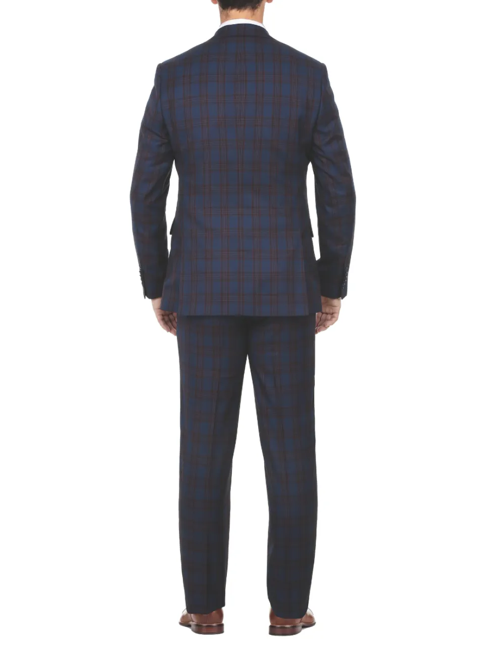 English Laundry Glen Plaid Blue & Rust Slim Fit Notch Lapel 2 Button Stretch Suit