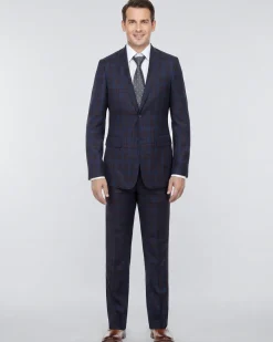 English Laundry Glen Plaid Blue & Rust Slim Fit Notch Lapel 2 Button Stretch Suit