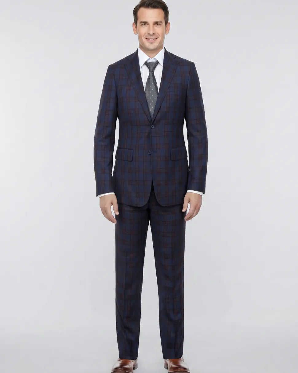 English Laundry Glen Plaid Blue & Rust Slim Fit Notch Lapel 2 Button Stretch Suit
