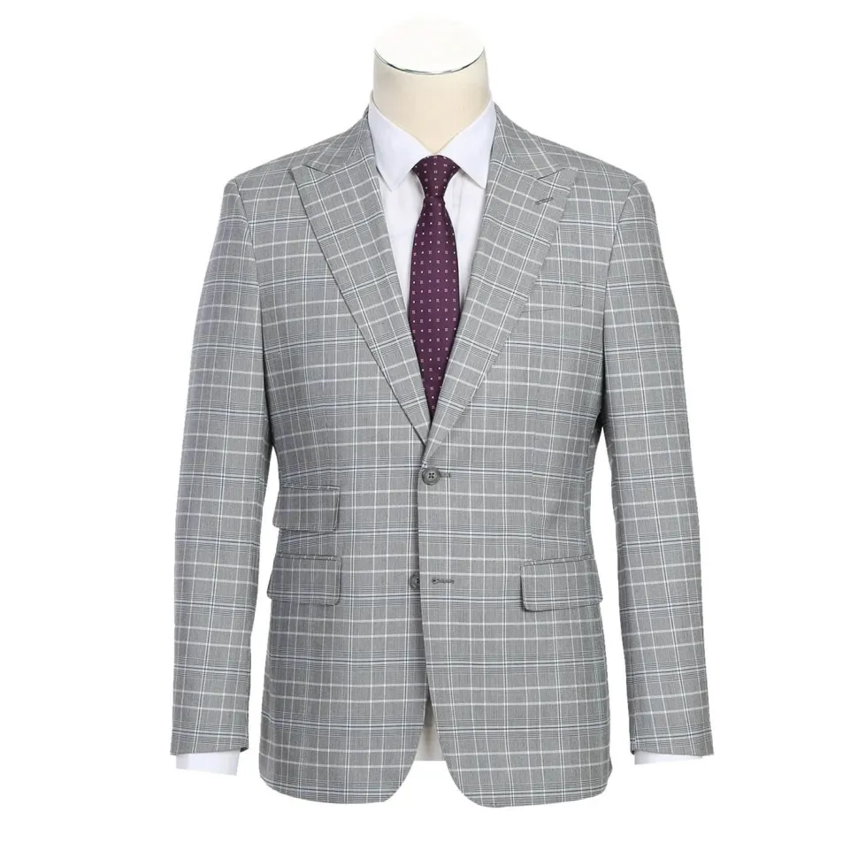 English Laundry Glen Plaid Grey Slim Fit Notch Lapel Two button Stretch Suit