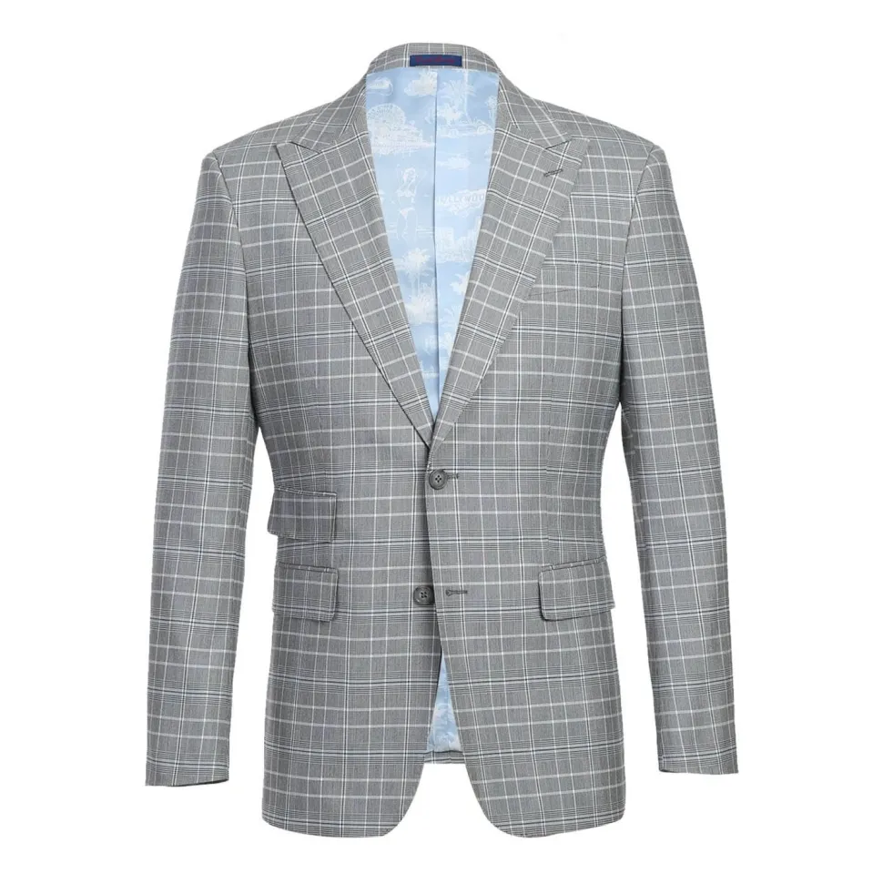 English Laundry Glen Plaid Grey Slim Fit Notch Lapel Two button Stretch Suit