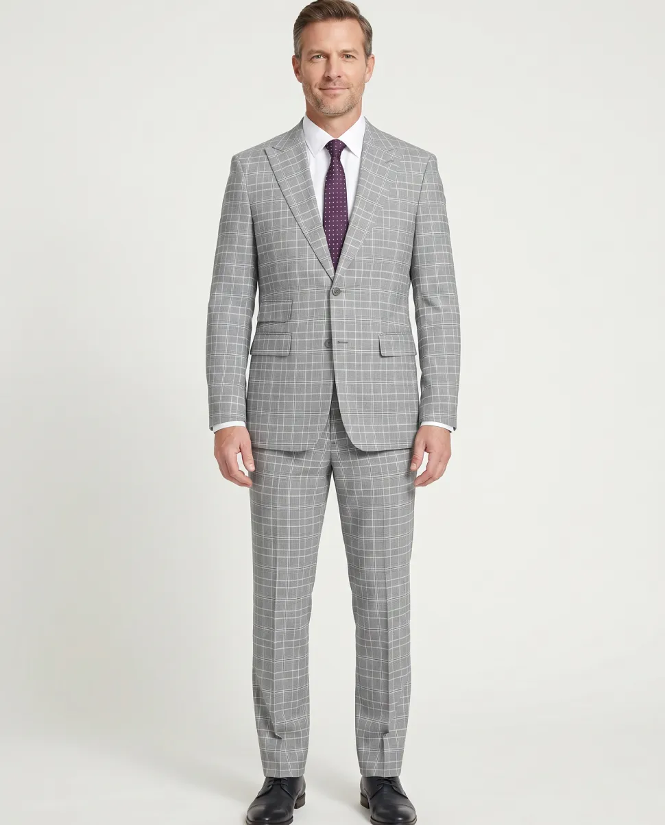 English Laundry Glen Plaid Grey Slim Fit Notch Lapel Two button Stretch Suit