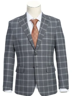 English Laundry Gray Windowpane Slim Fit Notch Lapel Wool Blend Stretch 2 Button Suit
