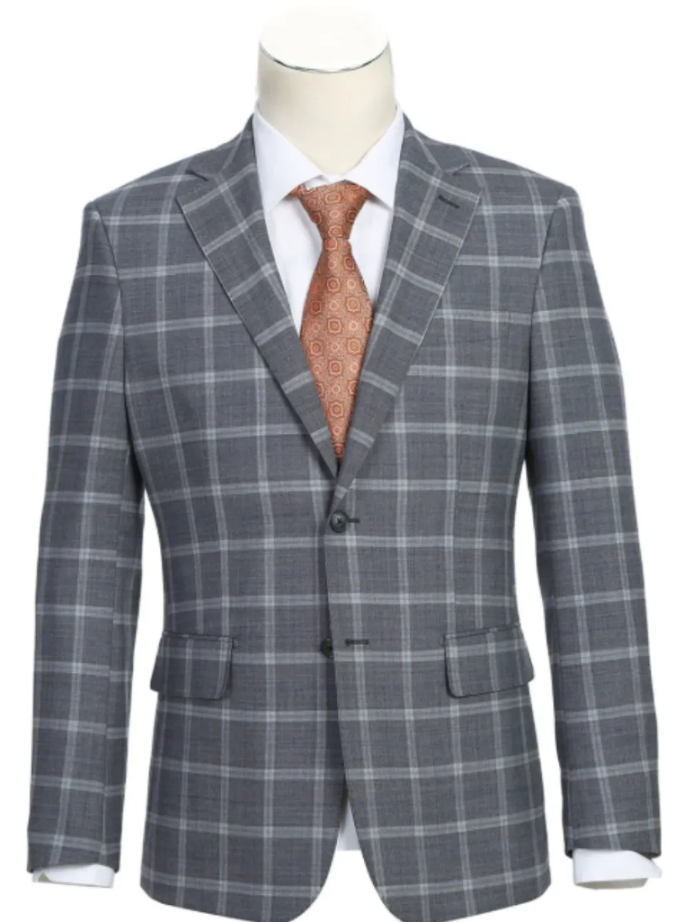 English Laundry Gray Windowpane Slim Fit Notch Lapel Wool Blend Stretch 2 Button Suit