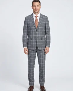English Laundry Gray Windowpane Slim Fit Notch Lapel Wool Blend Stretch 2 Button Suit