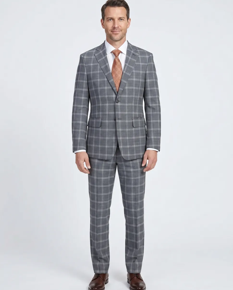 English Laundry Gray Windowpane Slim Fit Notch Lapel Wool Blend Stretch 2 Button Suit