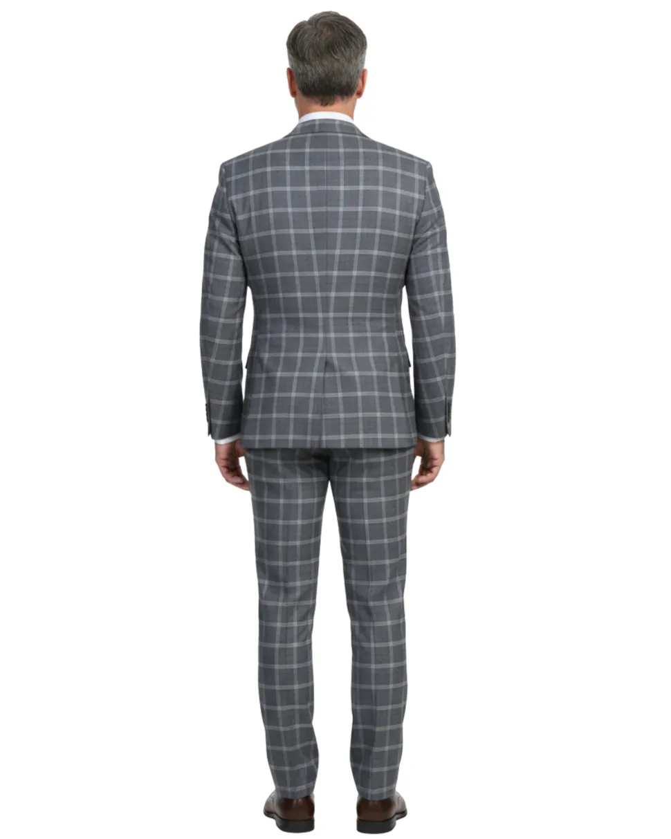 English Laundry Gray Windowpane Slim Fit Notch Lapel Wool Blend Stretch 2 Button Suit