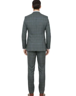 English Laundry Gray With Blue Windowpane Slim Fit Peak Lapel 2 Button Stretch Suit