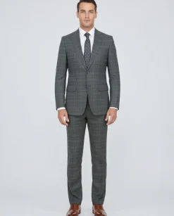 English Laundry Gray With Blue Windowpane Slim Fit Peak Lapel 2 Button Stretch Suit