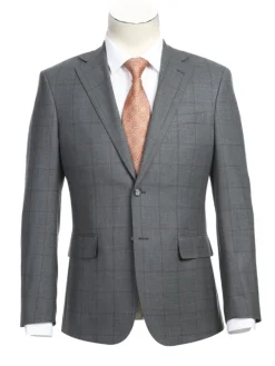 English Laundry Grey And Plum Plaid Slim Fit Notch Lapel Stretch Wool Blend Suit