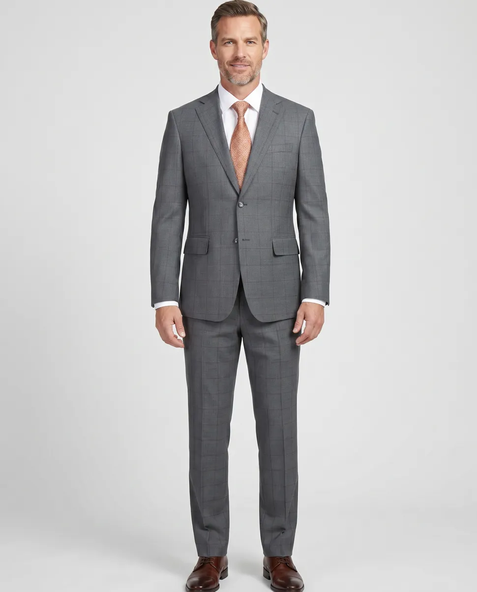 English Laundry Grey And Plum Plaid Slim Fit Notch Lapel Stretch Wool Blend Suit