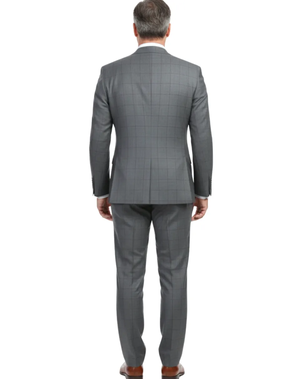 English Laundry Grey And Plum Plaid Slim Fit Notch Lapel Stretch Wool Blend Suit