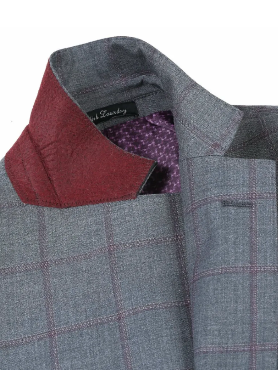 English Laundry Grey And Plum Plaid Slim Fit Notch Lapel Stretch Wool Blend Suit