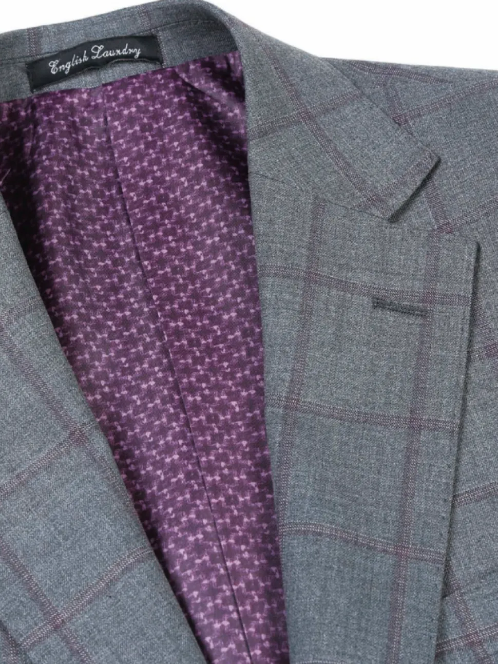 English Laundry Grey And Plum Plaid Slim Fit Notch Lapel Stretch Wool Blend Suit