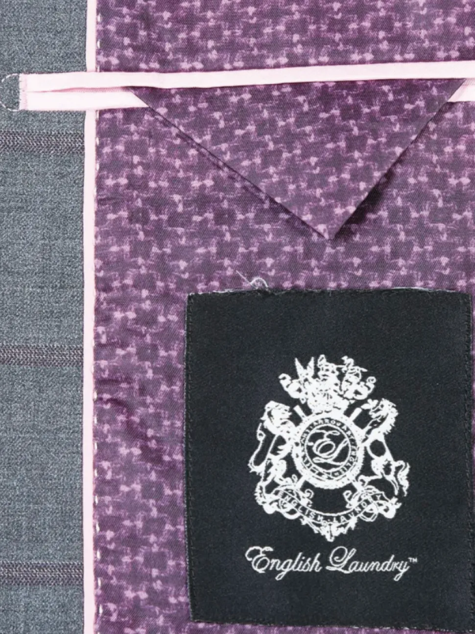 English Laundry Grey And Plum Plaid Slim Fit Notch Lapel Stretch Wool Blend Suit