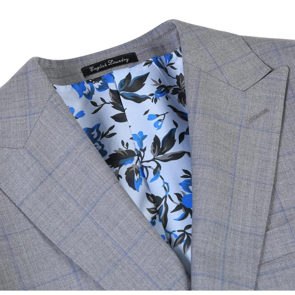 English Laundry Grey & Blue Windowpane Slim Fit Peak Lapel 2 Button Wool Suit