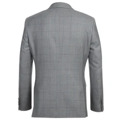 English Laundry Grey & Blue Windowpane Slim Fit Peak Lapel 2 Button Wool Suit