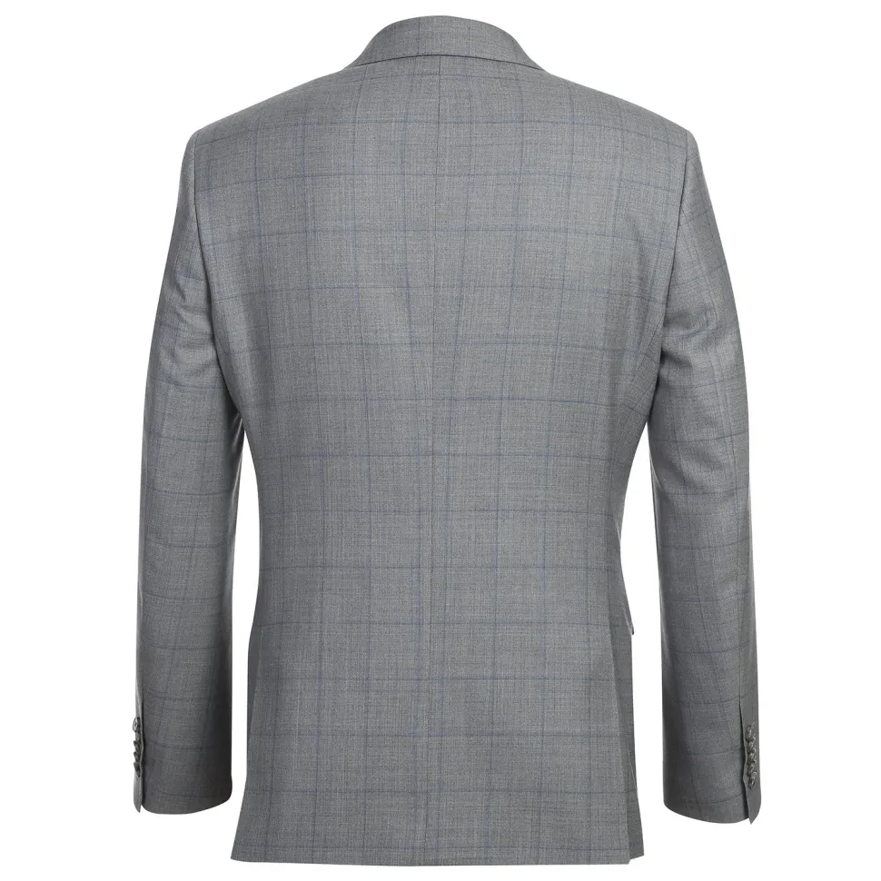 English Laundry Grey & Blue Windowpane Slim Fit Peak Lapel 2 Button Wool Suit