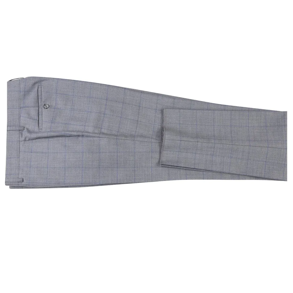 English Laundry Grey & Blue Windowpane Slim Fit Peak Lapel 2 Button Wool Suit