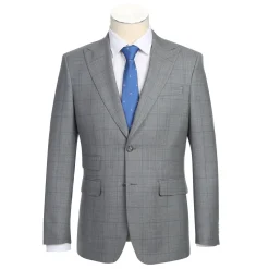 English Laundry Grey & Blue Windowpane Slim Fit Peak Lapel 2 Button Wool Suit