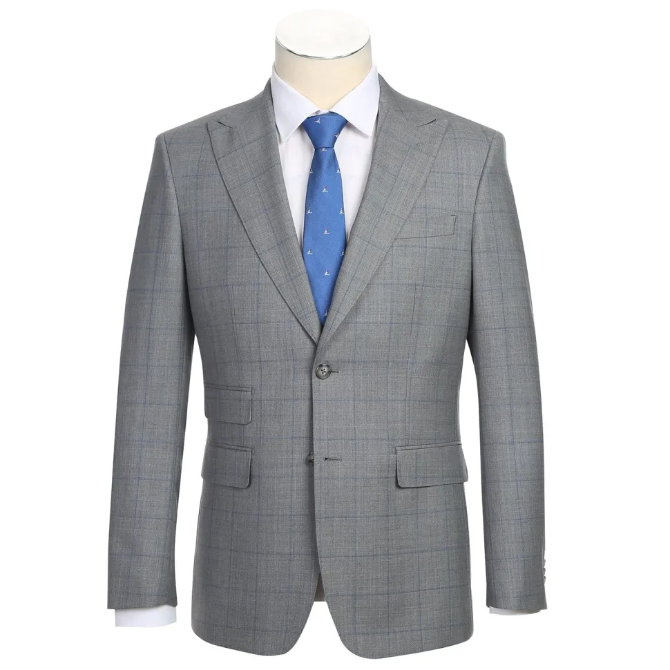 English Laundry Grey & Blue Windowpane Slim Fit Peak Lapel 2 Button Wool Suit
