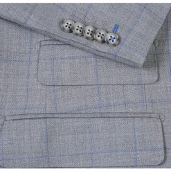 English Laundry Grey & Blue Windowpane Slim Fit Peak Lapel 2 Button Wool Suit