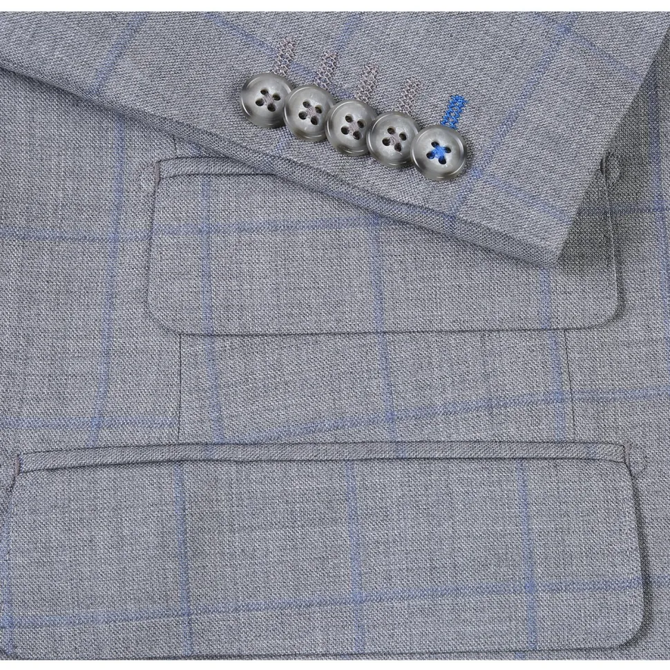 English Laundry Grey & Blue Windowpane Slim Fit Peak Lapel 2 Button Wool Suit