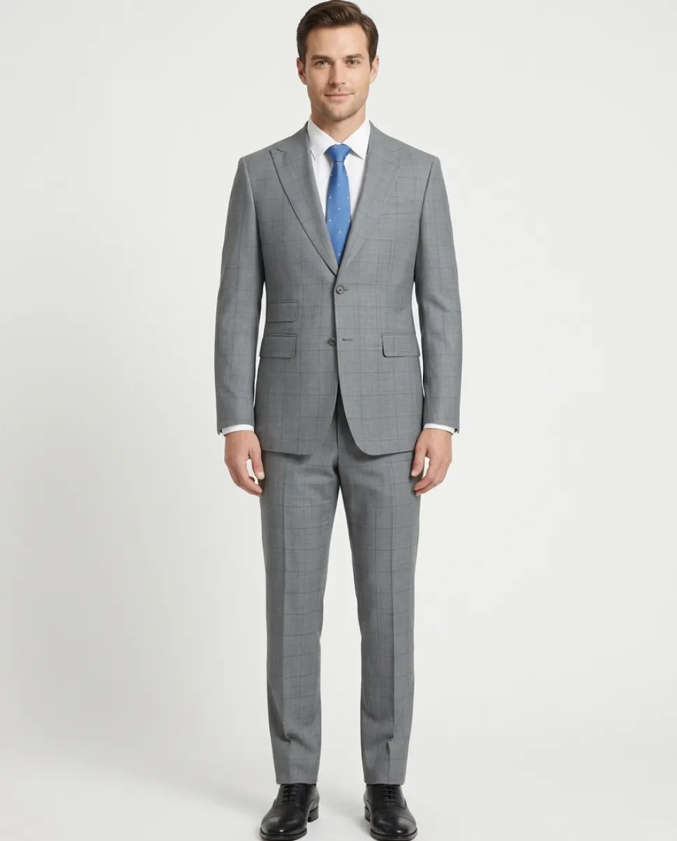 English Laundry Grey & Blue Windowpane Slim Fit Peak Lapel 2 Button Wool Suit
