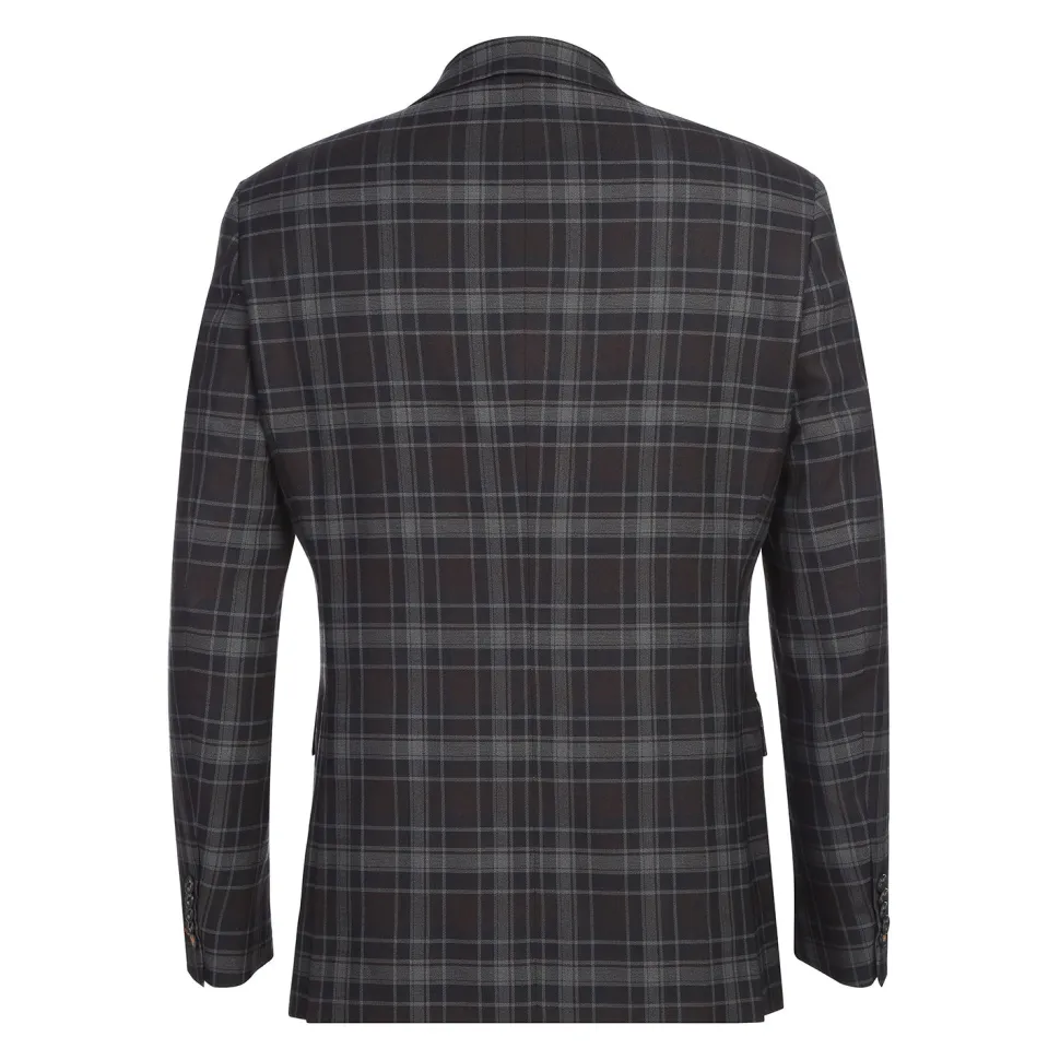 English Laundry Grey & Brown Windowpane Slim Fit Peak Lapel Two button Stretch Suit