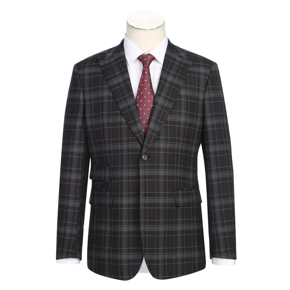 English Laundry Grey & Brown Windowpane Slim Fit Peak Lapel Two button Stretch Suit