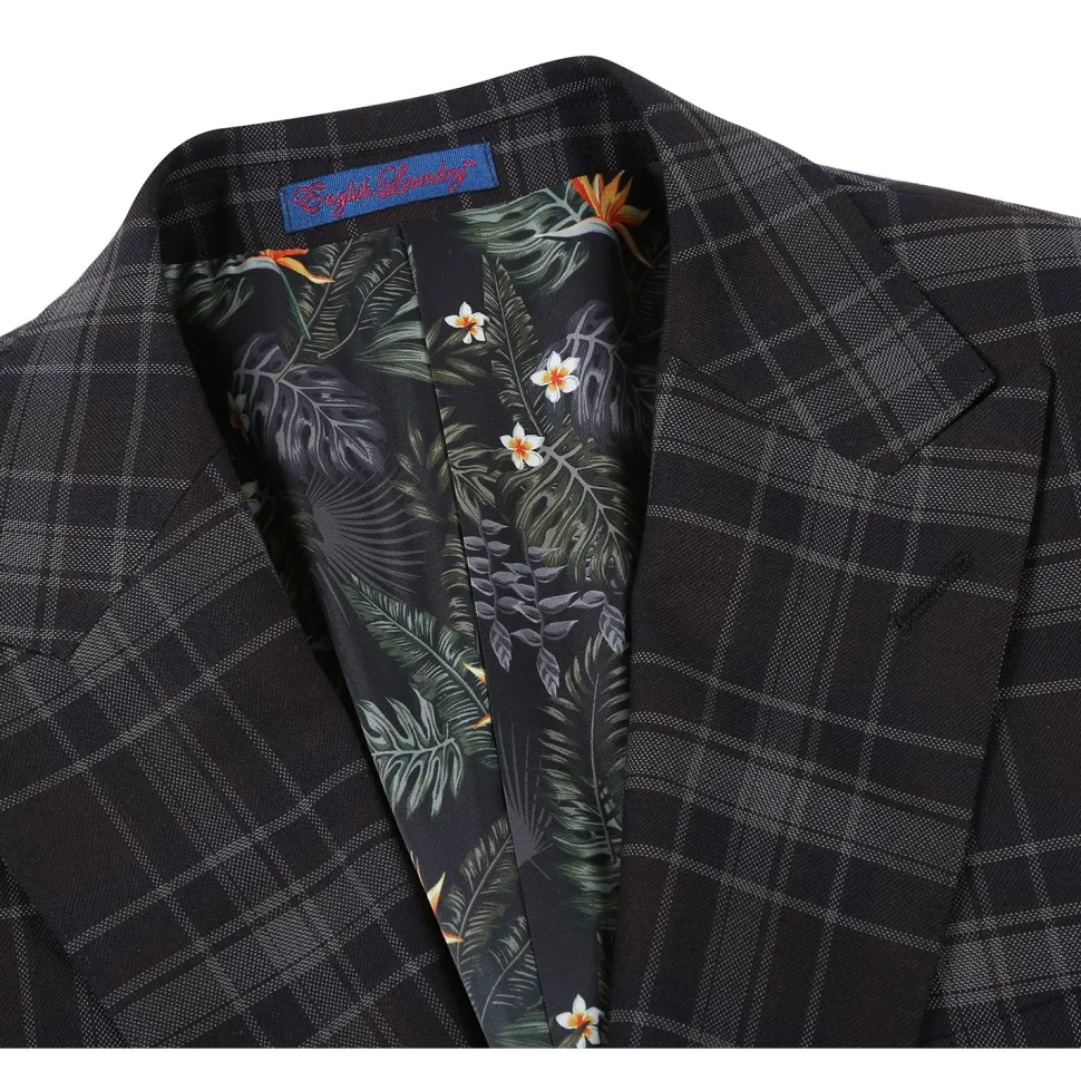 English Laundry Grey & Brown Windowpane Slim Fit Peak Lapel Two button Stretch Suit