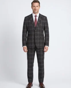 English Laundry Grey & Brown Windowpane Slim Fit Peak Lapel Two button Stretch Suit