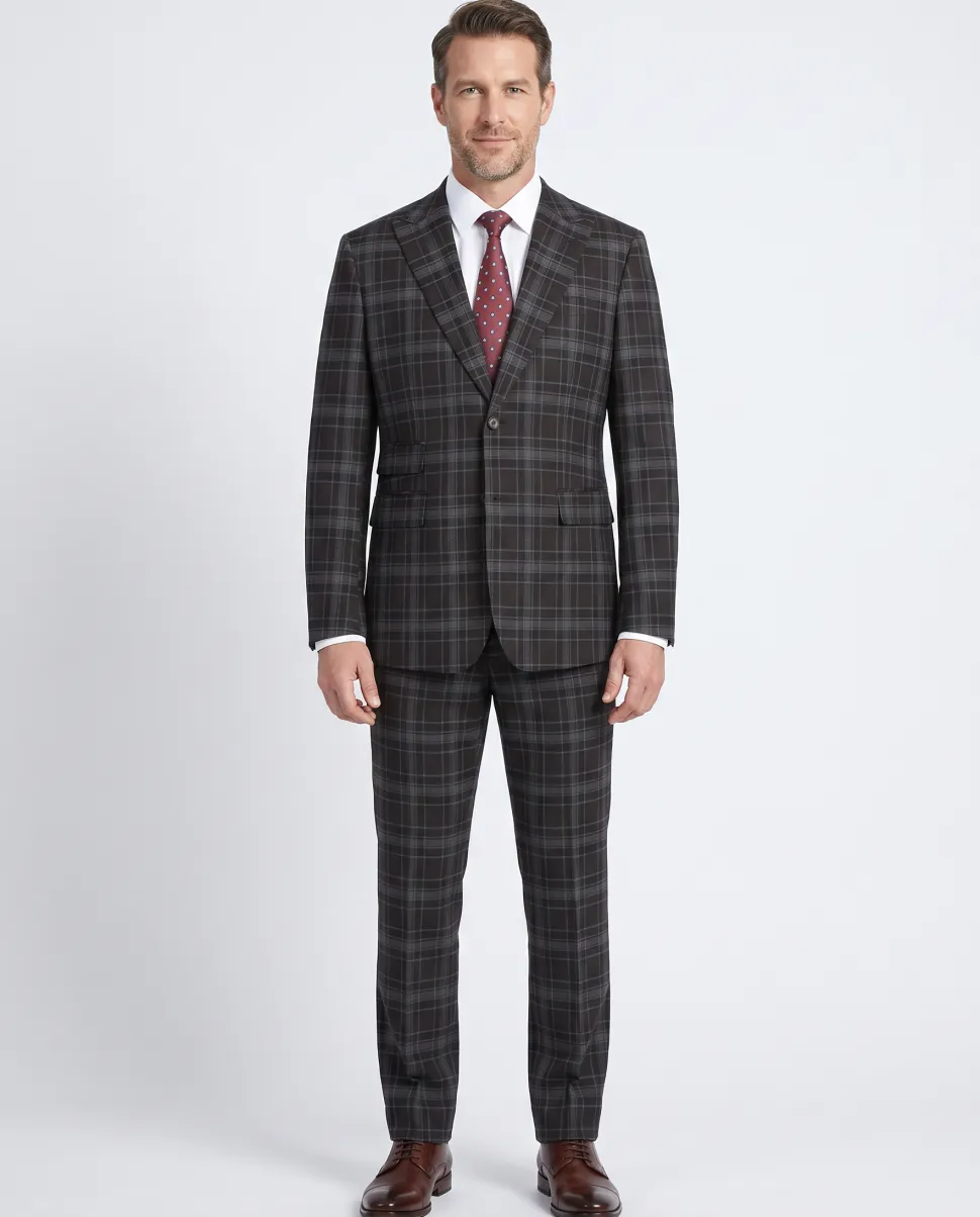 English Laundry Grey & Brown Windowpane Slim Fit Peak Lapel Two button Stretch Suit