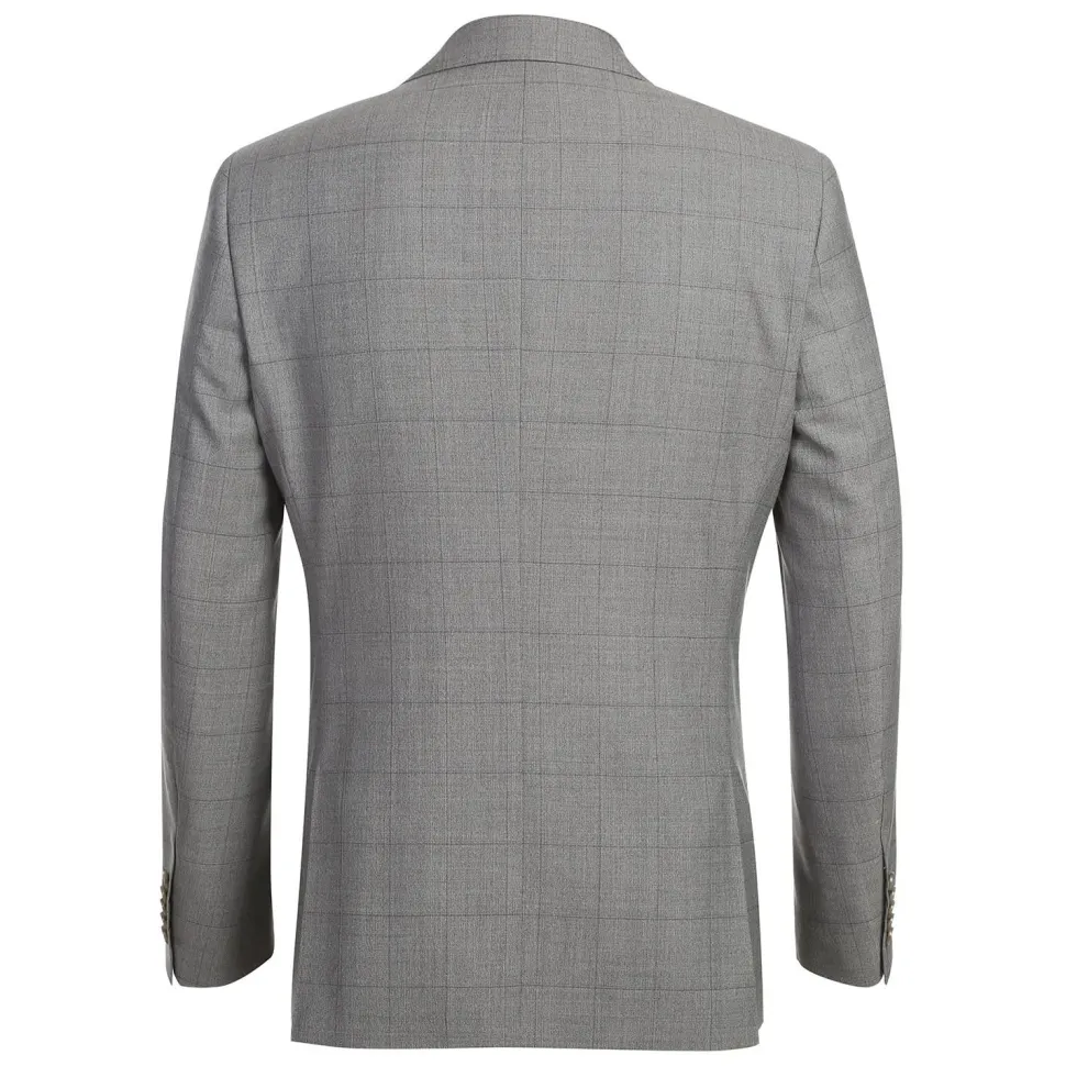 English Laundry Grey Windowpane Plaid Slim Fit Notch Lapel 2 Button Wool Suit