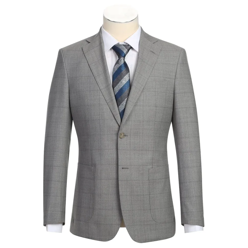 English Laundry Grey Windowpane Plaid Slim Fit Notch Lapel 2 Button Wool Suit
