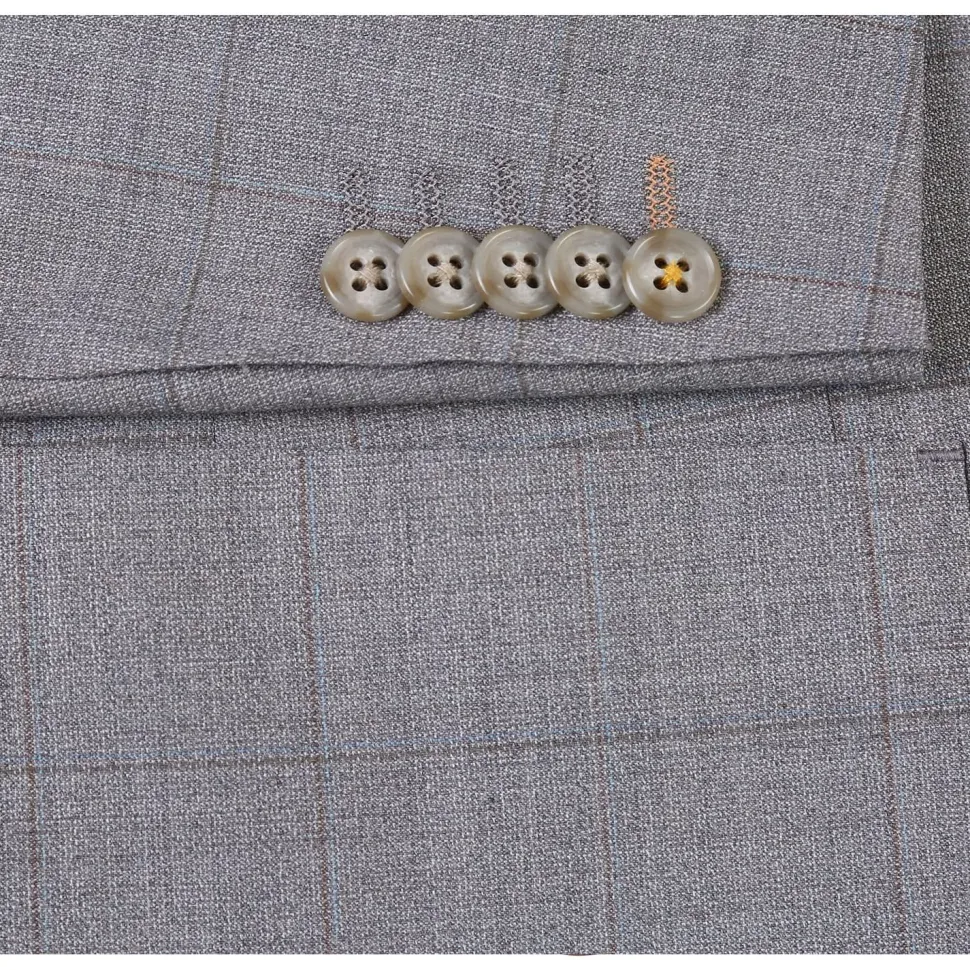 English Laundry Grey Windowpane Plaid Slim Fit Notch Lapel 2 Button Wool Suit