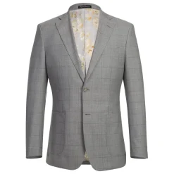 English Laundry Grey Windowpane Plaid Slim Fit Notch Lapel 2 Button Wool Suit
