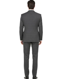 English Laundry Grid Check Charcoal Gray Slim Fit Notch Lapel Wool Stretch 2 Button Suit