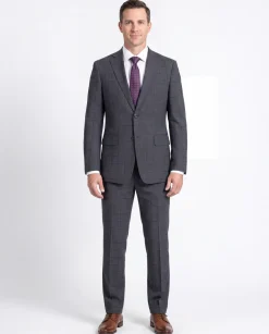 English Laundry Grid Check Charcoal Gray Slim Fit Notch Lapel Wool Stretch 2 Button Suit