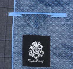 English Laundry Grid Check Charcoal Gray Slim Fit Notch Lapel Wool Stretch 2 Button Suit