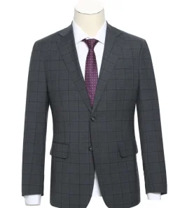 English Laundry Grid Check Charcoal Gray Slim Fit Notch Lapel Wool Stretch 2 Button Suit