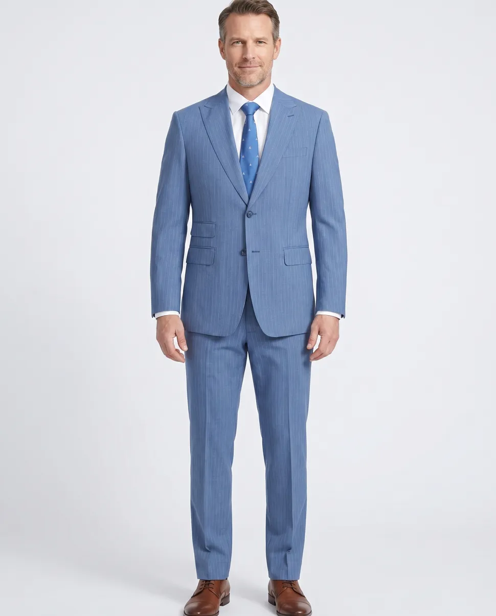English Laundry Light Blue Pinstriped Slim Fit Peak Lapel Wool Suit