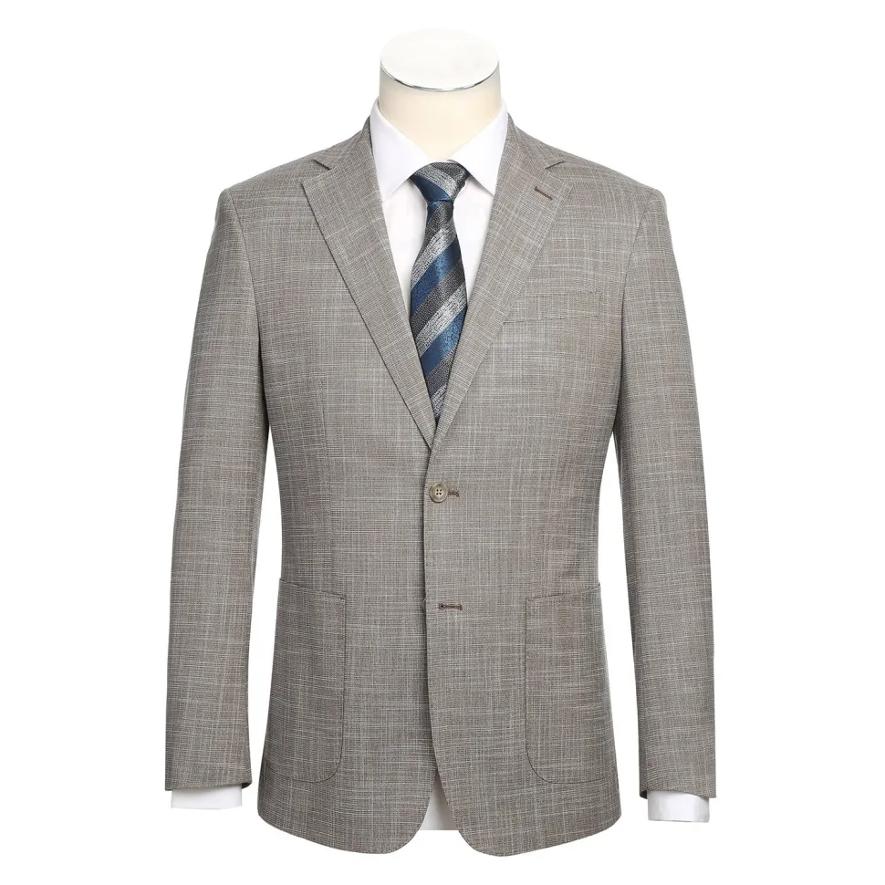 English Laundry Light Brown Check Slim Fit Notch Lapel 2 Button Stretch Suit With Patch Pockets