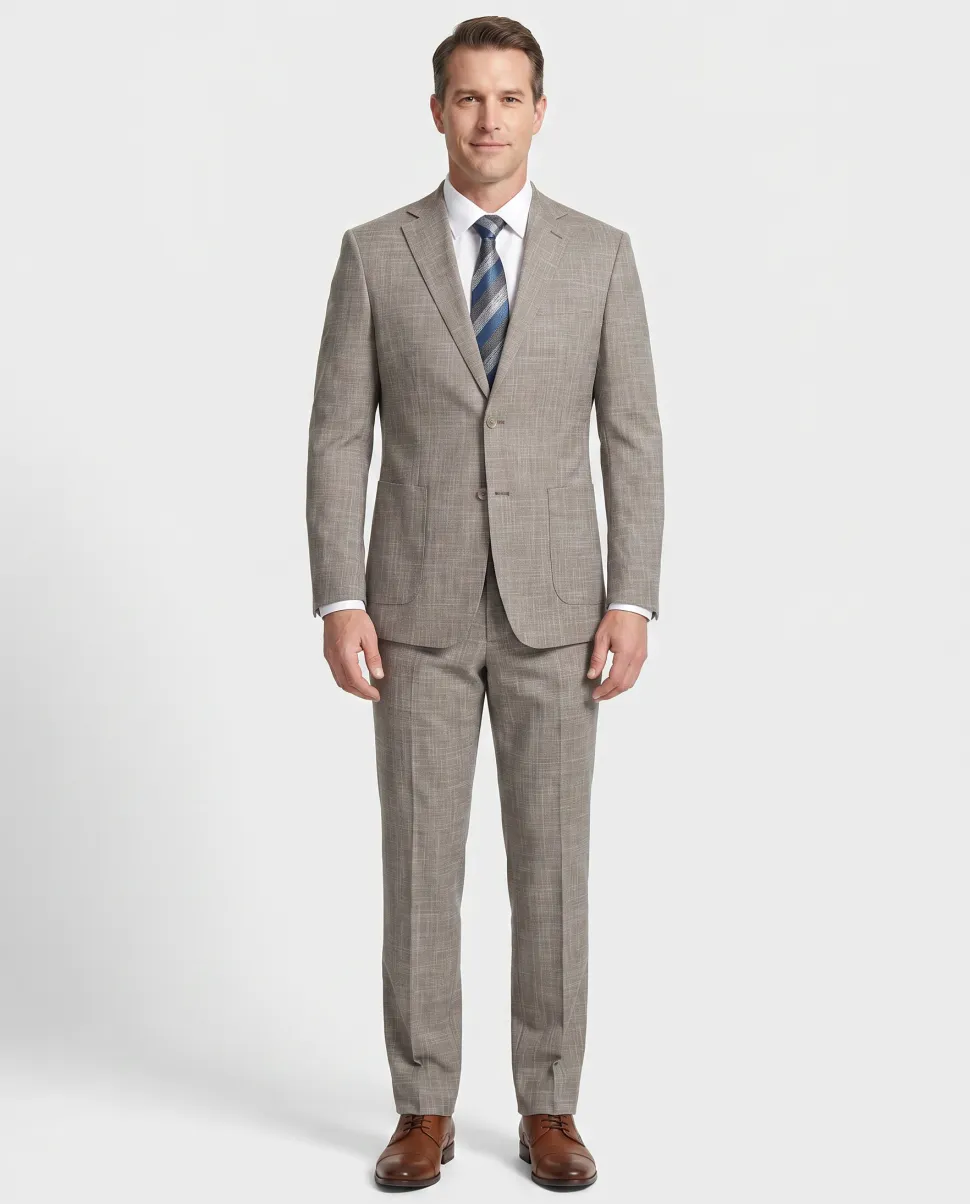 English Laundry Light Brown Check Slim Fit Notch Lapel 2 Button Stretch Suit With Patch Pockets