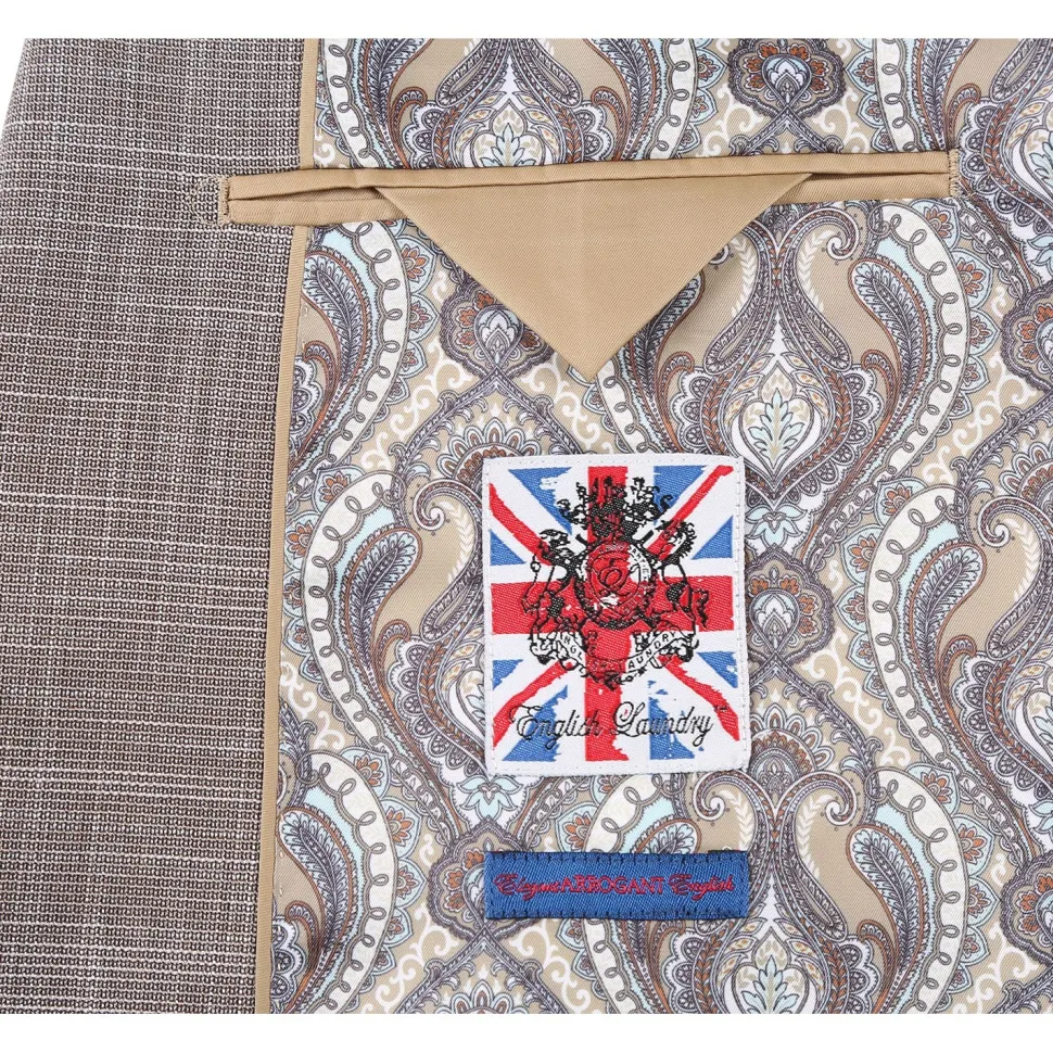 English Laundry Light Brown Check Slim Fit Notch Lapel 2 Button Stretch Suit With Patch Pockets