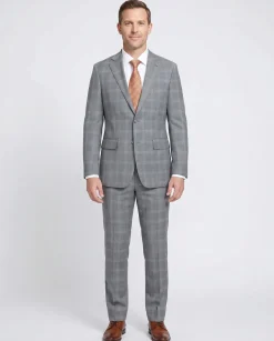 English Laundry Light Gray Plaid Slim Fit Notch Lapel Wool Blend Stretch 2 Button Suit