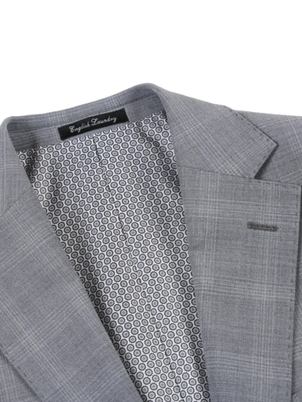 English Laundry Light Gray Plaid Slim Fit Notch Lapel Wool Blend Stretch 2 Button Suit