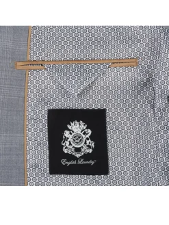 English Laundry Light Gray Plaid Slim Fit Notch Lapel Wool Blend Stretch 2 Button Suit