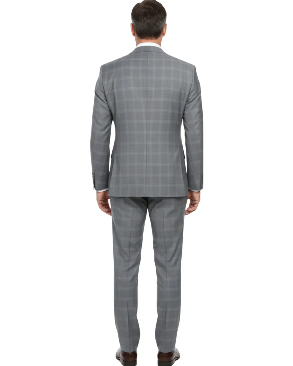 English Laundry Light Gray Plaid Slim Fit Notch Lapel Wool Blend Stretch 2 Button Suit
